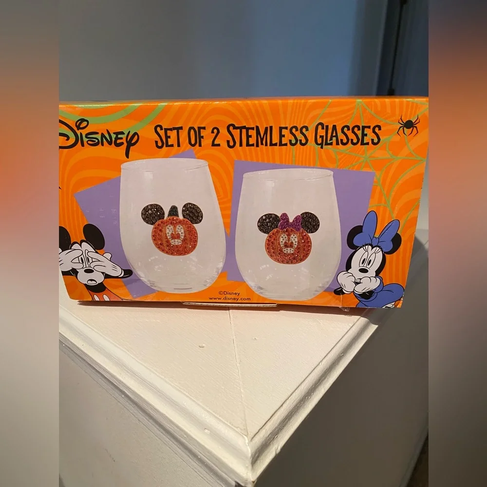 Disney set of 2 stemless glasses sparkly Halloween Themed Mickey and Minnie - Picture 4 of 7